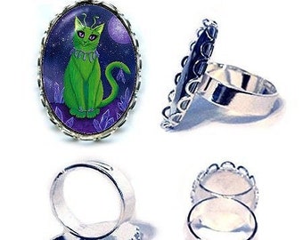 Alien Cat Ring Space Cat Stars Silver Cat Ring Purple Crystals Fantasy Cat Art Cameo Ring 25x18mm Gift for Cat Lovers Jewelry Carrie Hawks