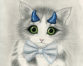 Cute Devil Kitten Canvas Print Blue Horns Big Eye Fantasy Cat Art Limited Edition Canvas Print 11x14 Art For Cat Lover Carrie Hawks