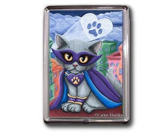 Super Hero Cat SupurrKitty Magnet Paw Power Masked Caped Cat Grey Cat Big Eyed Art Whimsical Cat Magnet Gifts For Cat Lovers Carrie Hawks