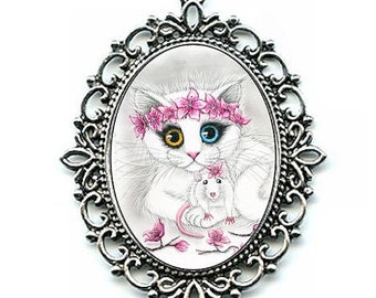 Collar con colgante de gato y rata blanca con flores de cerezo, gato de ojos extraños, camafeo chino de Año Nuevo, 40 x 30 mm, regalo para amantes de los gatos, joyería Carrie Hawks