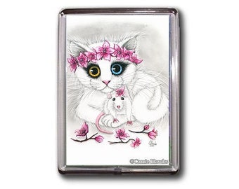 Cherry Blossoms Cat Magnet White Rat Odd Eyed Cat Chinese New Year Cat Fantasy Art Mini Framed Magnet Gifts For Cat Lovers Carrie Hawks