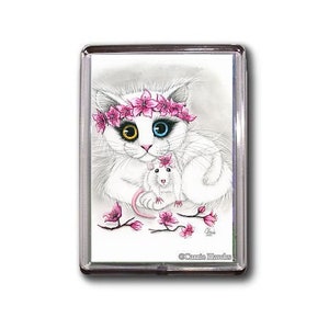 Cherry Blossoms Cat Magnet White Rat Odd Eyed Cat Chinese New Year Cat Fantasy Art Mini Framed Magnet Gifts For Cat Lovers Carrie Hawks