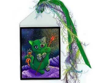 Alien Cyborg Cat Bookmark Salamander Space Cat Sci-fi Page of Wands Galaxy Tarot Cat Art Mini Bookmark Gift For Cat Lover Carrie Hawks