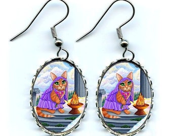 Greek Goddess Hestia Cat Earrings Ginger Cat Mount Olympus Hearth Home Greek Mythology Orange Cat Cameo Earrings 25x18mm Cat Lovers Jewelry