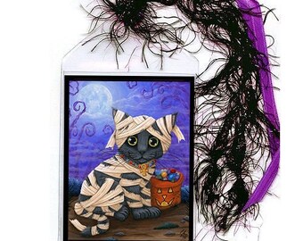 Marcapáginas de Halloween con forma de momia de gato, calabaza de otoño, gatito gris, Jack-O-Lantern, gato egipcio, minimarcapáginas, regalos para amantes de los gatos, Carrie Hawks