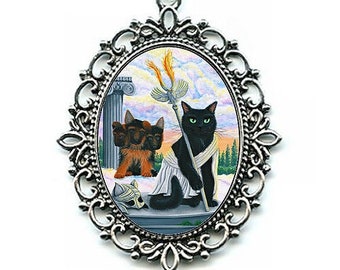 Hades God of the Underworld Necklace Cerberus Cat Greek Mythology Black Cat German Shepherd Cameo Pendant Silver Cat Necklace 40x30mm
