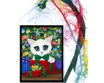 Christmas Kitten Boy Bookmark White Kitten Christmas Cat Tree Holiday Present Gift Bow Whimsical Cat Art Mini Bookmark Cat Lovers Gift