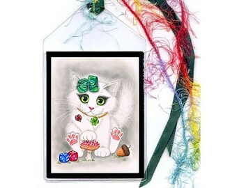 Lucky Cat Bookmark Good Luck Charms Big Eye Cat White Fluffy Kitten 1980 Big Bow Charms Fantasy Cat Art Mini Bookmark Cat Lover Carrie Hawks