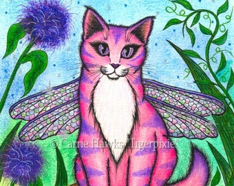 Whimsical Cat Painting Dragonfly Fairy Cat Pink Fairy Cat Winged Cat Mushroom Fantasy Cat Art Print Cat Lovers Art Carrie Hawks