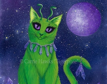 Alien Cat Art Cat Painting  Space Cat Green Alien Cat Purple Crystals Fantasy Cat Art Print Cat Lovers Art Carrie Hawks