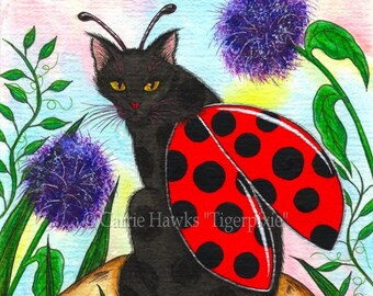 Ladybug Fairy Cat Art Black Cat Painting Logan Ladybird Artwork Winged Cat Mushroom Whimsical Cat Art Print Cat Lovers Art Carrie Hawks