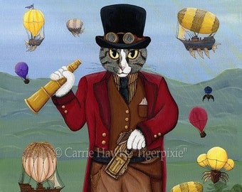 Steampunk Cat Art Victorian Cat Painting Gothic Cat Top Hat Air Ships Hot Air Balloons Fantasy Cat Art Print Cat Lovers Art Carrie Hawks