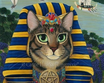 Ägyptische Pharao Katze Bastet Kunst Ägypten Mau Katze Bast Tarot König der Pentacles Fantasy Katze Kunst Original Leinwand Gemälde 12x16 Katzenliebhaber
