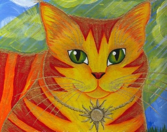 Sun Cat Art Cat Painting Rajah Golden Cat Fantasy Cat Art Limited Edition Canvas Print 11x14 Art For Cat Lover Carrie Hawks