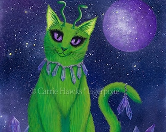 Alien Cat Art Cat Painting Space Cat Green Alien Cat Art Fantasy Cat Art Limited Edition Canvas Print 11x14 Art For Cat Lover Carrie Hawks