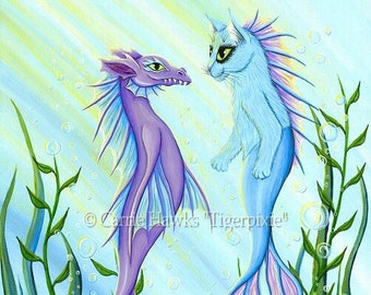 Mermaid Cat Art Dragon Cat Painting Mercat Sea Fantasy Cat Art Limited Edition Canvas Print 11x14 Art For Cat Lover Carrie Hawks