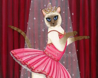 Pintura de gato bailarina Gato siamés Gato bailarín de ballet Arte de gato de fantasía Impresión artística en lienzo Giclée de edición limitada 11 x 14 Arte para amantes de los gatos