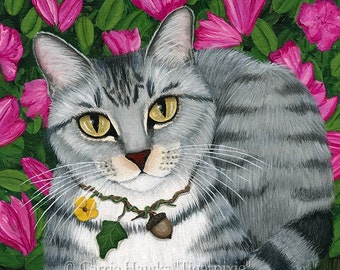 Cat Portrait Tabby Cat Art Silver Tabby Cat Painting Garden Azalea Flowers Pet Portrait Cat Art Print Cat Lovers Art Carrie Hawks