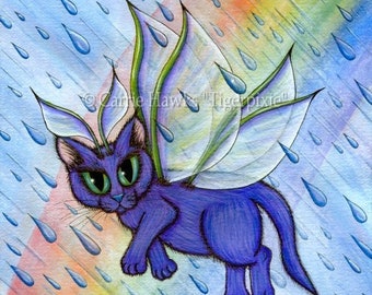 Spring Showers Rainbow Fairy Cat Fantasy Art Print Rain Flowers Whimsical Seasonal Cat Lovers Art Carrie Hawks