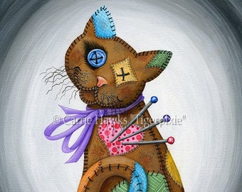 Muñeco de gato vudú, cojín de alfileres de gato de retazos, muñeco de gato con ojos de botón, muñeco de trapo de gato de fantasía, impresión artística, arte para amantes de los gatos, Carrie Hawks