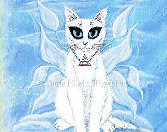 White Fairy Cat Original Painting Elemental Beautiful Winged Cat Sky Clouds Fantasy Cat Art Original Canvas Painting 8x10 Cat Lovers