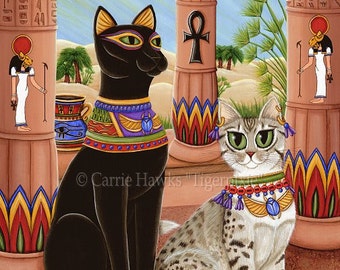 Bast Cat Art Cat Painting Egyptian Goddess Statue Temple Bastet Fantasy Cat Art Limited Edition Canvas Print 11x14 Cat Lovers Art