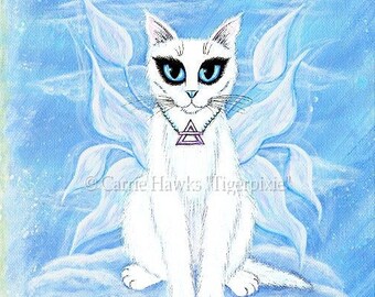 Fairy Cat Art Elemental Air Cat Painting Sky Clouds Elements Art White Fairy Cat Fantasy Cat Art Print Cat Lovers Art Carrie Hawks