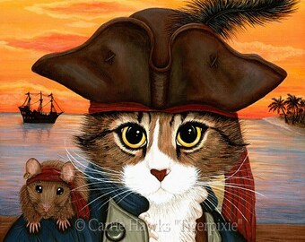 Pirate Cat Rat Art Cat Portrait Cat Painting Maine Coon Cat Sunset Captain Leo Fantasy Cat Art Print Cat Lovers Art Carrie Hawks