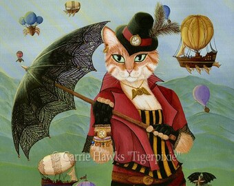 Steampunk Cat Art Cat Painting Victorian Cat Gothic Fantasy Cat Art Limited Edition Canvas Print 11x14 Art For Cat Lover Carrie Hawks