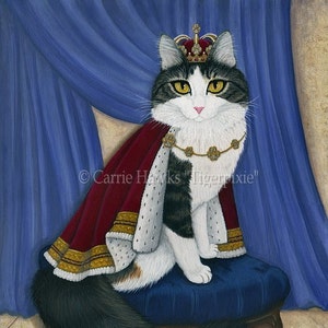 May include: A regal cat portrait. The cat, with black and white fur and yellow eyes, wears a crown, a red and gold cape, and a jeweled collar. It sits on a blue cushion, with a blue curtain backdrop and a tiled floor.