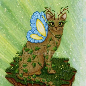 May include: A whimsical painting of a cat with butterfly wings and leafy antlers. The cat is brown with green ivy vines and sits on a grassy island. The wings are blue and yellow, set against a green background.