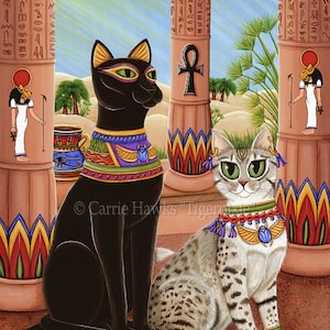 Bast Cat Art Cat Painting Egyptian Goddess Statue Temple Bastet Fantasy Cat Art Limited Edition Canvas Print 11x14 Cat Lovers Art