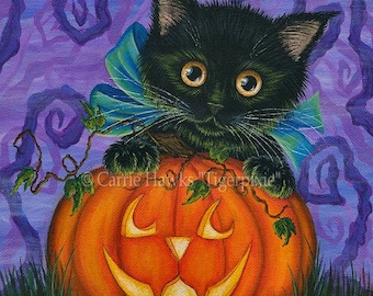 Halloween schwarze Katze Malerei Herbst Kürbis Kürbis Katze Herbst Ernte Fantasy Katze Kunstdruck Katzenliebhaber Kunst Carrie Hawks