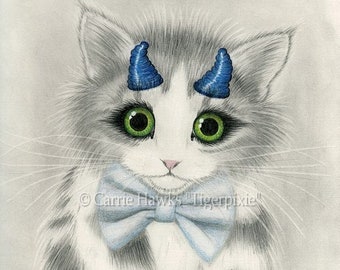 Niedliche Teufel Kätzchen Katze Zeichnung Kleine Blaue Hörner Fliege Katze Große Augen Katze Art Gothic Kawaii Katze Kunstdruck Katzenliebhaber Kunst Carrie Hawks