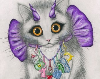 Cute Devil Kitten Cat Drawing Little Purple Horns Big Eye Cat Art 1980s Bow Charms Fantasy Cat Art Print Cat Lovers Art Carrie Hawks