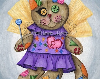 Voodoo Fairy Cat Doll Canvas Print Patchwork Cat Pin Cushion Cat Doll Button Eyes Limited Edition Canvas Print 11x14 Cat Lover Carrie Hawks
