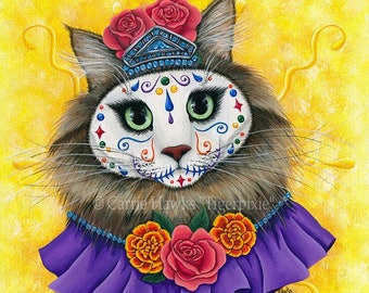 Day of the Dead Cat Art Cat Painting Princess Gothic Mexican Sugar Skull Cat Fantasy Cat Art Print Cat Lovers Art Carrie Hawks