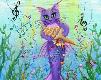 Mermaid Cat Canvas Print Cat Mercat Art Sea Music Purple Mercat Musical Limited Edition Canvas Print 11x14 Art For Cat Lover Carrie Hawks