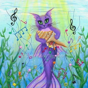 Mermaid Cat Canvas Print Cat Mercat Art Sea Music Purple Mercat Musical Limited Edition Canvas Print 11x14 Art For Cat Lover Carrie Hawks