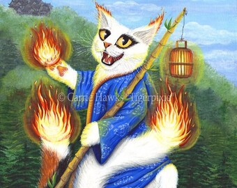 Bakeneko Nekomata Cat Art Original Painting Japanese Cat Ace of Wands Fire Tarot Card Original Canvas Painting 11x14 Art For Cat Lover