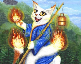 Bakeneko Nekomata Cat Art Print Japanese Cat Ace of Wands Fire Tarot Card Art Cat Fantasy Art Print Cat Lovers Art Carrie Hawks