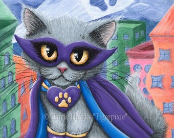 Super Hero Cat SupurrKitty Paw Power Masked Caped Cat Grey Cat Big Eyed Comic Art Print Cat Lovers Art Carrie Hawks