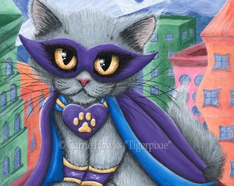 Super Hero Cat SupurrKitty Paw Power Masked Caped Cat Grey Cat Art Limited Edition Leinwanddruck 11 x 14 Art für Katzenliebhaber Carrie Hawks