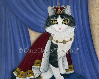 Pintura de gato rey, gato real, retrato de gato regio, príncipe Anakin, el gato de dos patas, lámina de arte de gato de fantasía, arte para amantes de los gatos, Carrie Hawks