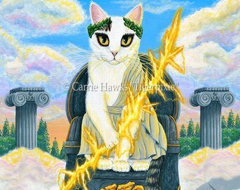 Zeus King of the Gods Cat Art Print God of Lightning Greek Mythology White Cat Art Mount Olympus Art Print Cat Lovers Art Carrie Hawks