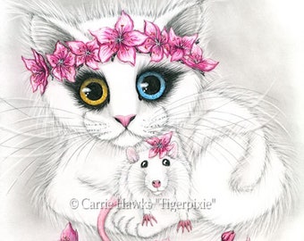 Cherry Blossoms Cat White Rat Odd Eyed Cat Chinese New Year Cat Fantasy Art  Limited Edition Canvas Print 11x14 Cat Lover Carrie Hawks