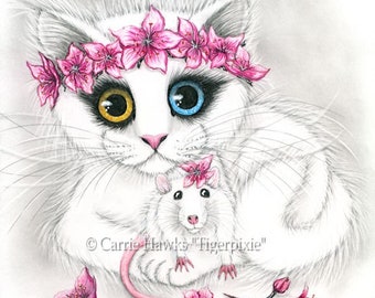 Impresión artística de gato con flores de cerezo, rata blanca, gato de ojos extraños, gatito kawaii del Año Nuevo chino, impresión artística de gato de fantasía, arte para amantes de los gatos, Carrie Hawks