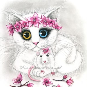 Cherry Blossoms Cat White Rat Odd Eyed Cat Chinese New Year Cat Fantasy Art  Limited Edition Canvas Print 11x14 Cat Lover Carrie Hawks
