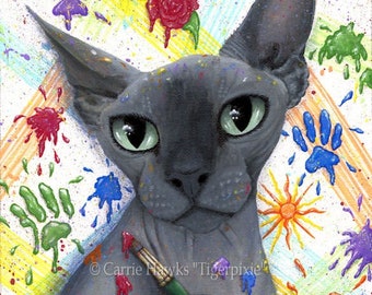 Sphynx Cat Canvas Print Artist Cat Pop Art Blue Sphynx Painting Splattered Paint Paw Prints Hairless Limited Edition Canvas Print 11x14