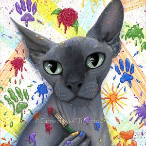 Sphynx Cat Canvas Print Artist Cat Pop Art Blue Sphynx Painting Splattered Paint Paw Prints Hairless Limited Edition Canvas Print 11x14 image 1